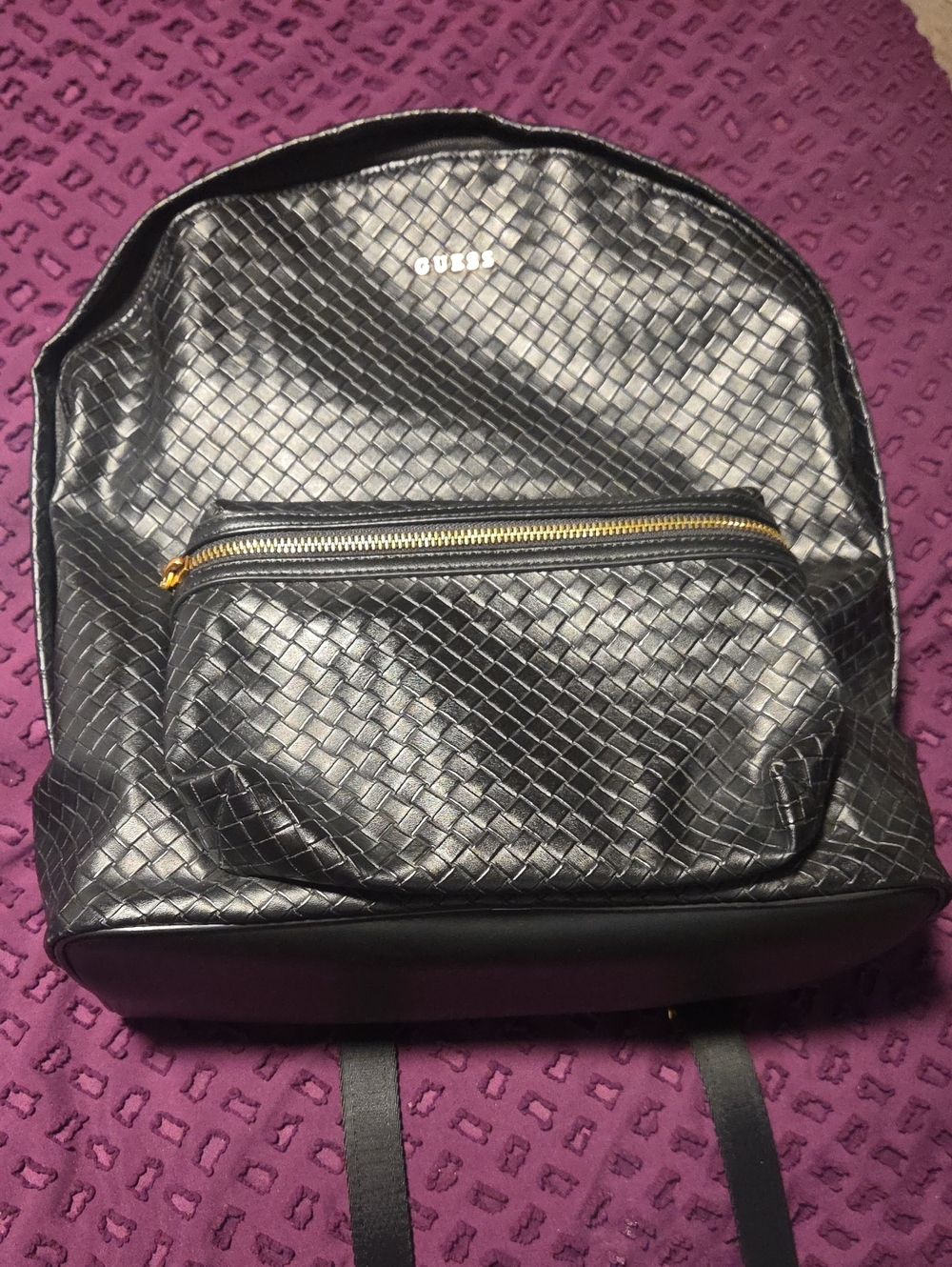 GUESS Black Woven-Texture Backpack with Gold Zipper Accents